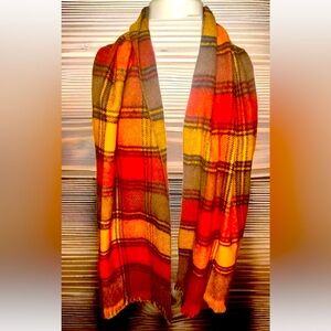 🍁FALL VTG UNISEX WIDE PLAID FRINGE WARM FESTIVE ACRYLIC SCARF EUC🍁